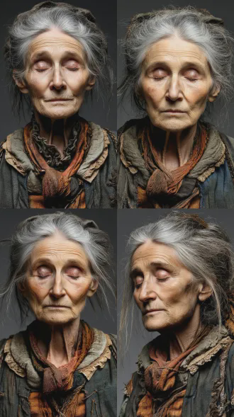 老妇人脸部大特写，双眼紧闭，苍白肤色，皱纹深刻，眼皮微颤，微弱呼吸，真人写实风格，电影质感，8k高清，复古色调，柔光，浅景深，35mm镜头，细腻皮肤纹理，忧郁氛围，暗调背景，侧光，细腻阴影，悲伤情绪，古典油画感