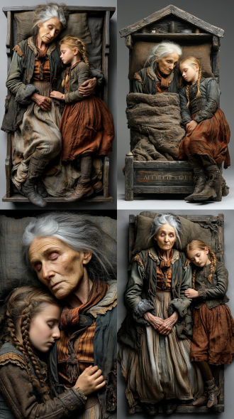 老妇人奄奄一息躺在床上，脸色惨白双眼紧闭，身旁趴着穿褐色裙子扎双辫哭泣的小姑娘，俯视视角，19世纪爱尔兰农村破旧屋子，真人写实风格，电影质感，8k高清，复古悲伤气氛，全景构图，柔和侧光，暗色调，木制家具，粗布床单，低饱和度，自然阴影，情绪压抑，细节丰富。