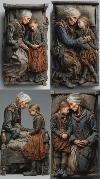 老妇人奄奄一息躺在破旧床上，脸色惨白双眼紧闭，穿褐色裙子扎双辫的小姑娘跪在床边哭泣，俯视视角，19世纪爱尔兰农村破旧屋子，真人写实风格，电影质感，8k高清，复古悲伤氛围，暗淡光线，木质纹理，灰尘颗粒，柔和阴影，自然光，微距镜头，高细节，灰蓝色调，忧郁情绪，静默感