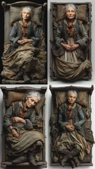 老妇人奄奄一息躺在破旧床上，俯视视角，全景，19世纪爱尔兰农村，破旧木屋，真人写实风格，电影质感，8k高清，暗色调，柔焦，微弱烛光，粗糙木纹，旧棉被，苍白面容，紧闭双眼，悲伤氛围，复古胶片感，自然光，低饱和度，情感深沉。