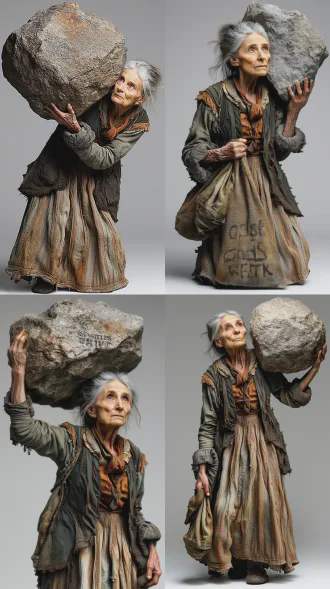 老妇人举大石头，中景，真人写实风格，电影质感，8k高清，复古欢快，皱纹深刻，眼神明亮，肌肉线条突出，暖色调，黄昏光线，柔焦背景，动态模糊，坚韧表情，粗布衣衫，自然光与补光结合，怀旧氛围，高对比度，胶片颗粒感，生动色彩，力量感十足。