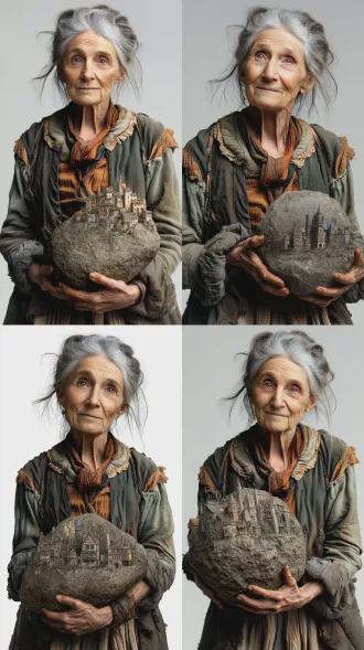 老妇人微笑抱大石头，皱纹明显但眼神明亮，手臂肌肉发达，中景构图，背景虚化的村庄，真人写实风格，电影质感，8k高清，复古欢快，侧光照明，暖色调，力量感，动态平衡，细节丰富，深沉阴影，高对比度，怀旧氛围