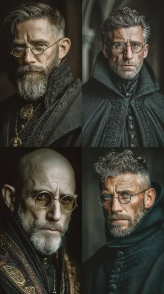 一个40岁戴金边眼镜的白人男人，穿复古黑色魔法学院风长袍，正面站立，中世纪风格，真人写实，冷色调光影，严肃权威感，眼神严厉，电影质感，8k高清晰，哥特式建筑背景，侧光，低调照明，细腻纹理，深沉阴影，复古氛围，权威姿态，长袍细节，高对比度，写实肖像。