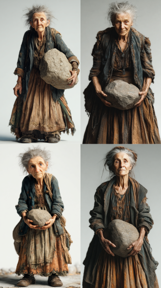 老妇人微笑抱大石头，皱纹明显眼神明亮，手臂肌肉发达充满力量，中景构图，村庄背景，真人写实风格，电影质感，8k高清，复古欢快，侧光照明，暖色调，力量感，动态平衡，细节丰富，高对比度，怀旧氛围，柔和阴影，自然光线，真实纹理，生动表情，乡村生活，阳光斜照，大地色系，温暖笑容，坚韧气质