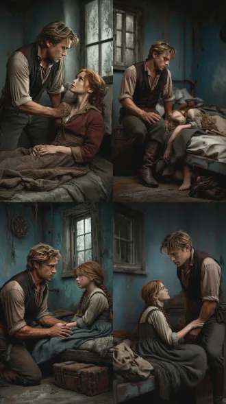 "一个男子抓住女孩手臂，旁边是生病的老人躺在破旧木床上，电影级8k画质，暗调氛围，浅景深35mm镜头，伦勃朗光，焦虑表情，脏旧墙壁，冷色调，紧张对峙，现实主义风格，粗粝质感，手部特写，潮湿空气，尘土飞扬，窗外微弱天光"