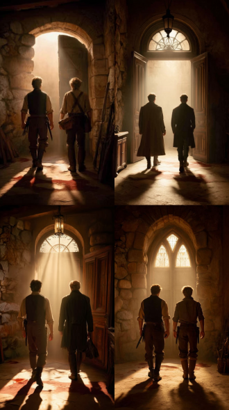 两个男子走进来，背后是一扇打开的破门，背光，阴暗情绪，危险，8k高清晰，真人电影感，低角度拍摄，深色服装，模糊阴影，冷色调，广角镜头，动态模糊，紧张氛围，高对比度，电影质感，颗粒感，暗角效果，烟雾弥漫，神秘感，悬疑，沉默，战栗