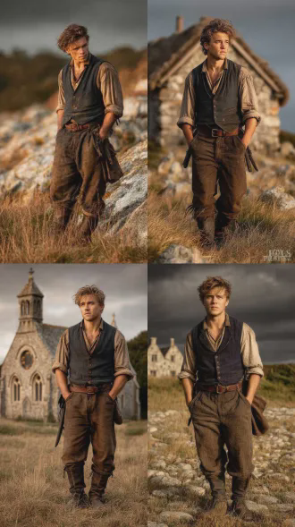 粗犷的爱尔兰青年男子，深蓝马甲，灰衬衫，粗布裤子，靴子，8k高清晰，真人电影感，低角度拍摄，阴郁天空，乡村背景，浅景深，35mm镜头，侧光，冷色调，坚毅表情，双手插兜，风吹头发，粗犷质感，电影级光影，现实主义风格，细腻皮肤纹理，环境光遮蔽