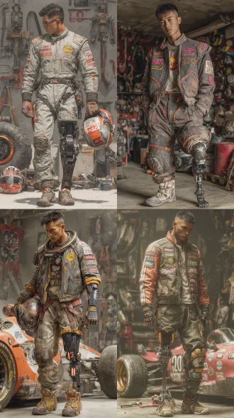 英俊亚洲男赛车手，27岁，疲惫而坚定的表情，身材精瘦健壮，右腿为黑色碳纤维金属机械义肢，橙红色光痕从接缝透出，穿着磨损赛车夹克，左胸有小太阳刺绣，科幻写实风格，角色设计图，全身镜头，电影级光影，机械细节丰富，充满希望与坚韧感，背景凌乱车库，赛车纪念品和老旧工具散落。