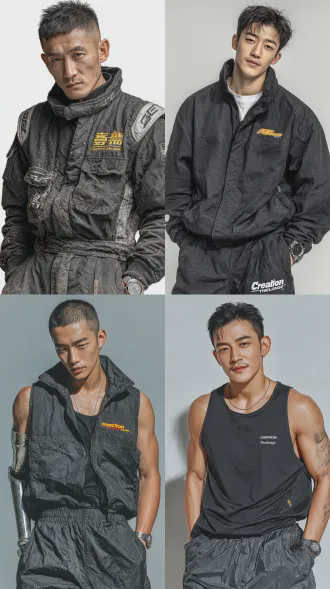 一个中国年轻男子，183cm，精瘦但肌肉线条利落，肩背挺拔，站姿带赛车手的警觉感。面部：轮廓棱角分明，高鼻梁，薄唇紧抿时显坚毅；皮肤是健康的小麦色，胡茬干净不凌乱。穿印着创生科技 logo 的黑色赛车服，左胸绣着暖黄色太阳刺绣，右腿是机械义肢，为银灰色基底有科技感力量；手腕戴老旧电子表，表带磨损严重但表盘擦拭干净。纯白色背景，定妆照，8k高清晰，超写实真人电影感