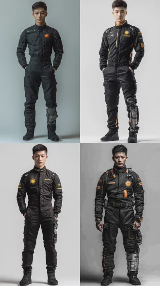一个中国年轻男子，183cm，精瘦但肌肉线条利落，肩背挺拔，站姿带赛车手的警觉感。面部：轮廓棱角分明，高鼻梁，薄唇紧抿时显坚毅；皮肤是健康的小麦色，胡茬干净不凌乱。穿印着创生科技 logo 的黑色赛车服，左胸绣着暖黄色太阳刺绣，右腿是机械义肢，为银灰色基底有科技感力量；手腕戴老旧电子表，表带磨损严重但表盘擦拭干净。纯白色背景，定妆照，8k高清晰，超写实真人电影感
