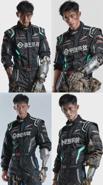 一个中国年轻男子，183cm，精瘦但肌肉线条利落，肩背挺拔，站姿带赛车手的警觉感。面部：轮廓棱角分明，高鼻梁，薄唇紧抿时显坚毅；皮肤是健康的小麦色，胡茬干净不凌乱。穿印着创生科技 logo 的黑色赛车服，左胸绣着暖黄色太阳刺绣，右腿是机械义肢，为银灰色基底有科技感力量；手腕戴老旧电子表，表带磨损严重但表盘擦拭干净。纯白色背景，定妆照，8k高清晰，超写实真人电影感