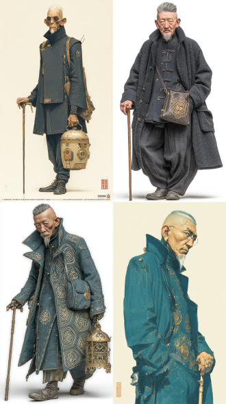 一个中国中年男子，175cm，微驼，体态偏瘦但眼神阴鸷，走路时重心偏向左腿，穿高档的科技感外套，象征其社会地位。始终拄着一根精致的手杖手拿拐杖（嵌创生科技徽章）。面部皱纹深刻（尤其眉间川字纹），眼窝凹陷，眼神闪烁不定，鼻梁略塌，嘴唇薄且色偏暗，下巴有稀疏花白胡须，头发半白梳得整齐但略显油腻。正面全身站立，纯白色背景，定妆照，8k高清晰，高清细节高质量cg动漫，超写实，科技感