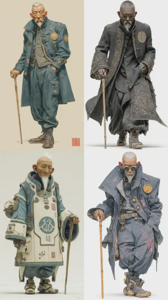 一个中国老年男子，175cm，微驼，体态偏瘦但眼神阴鸷，走路时重心偏向左腿，穿高档的科技感外套，象征其社会地位。始终拄着一根精致的手杖手拿拐杖（嵌创生科技徽章）。面部有皱纹，眼窝凹陷，眼神闪烁不定，鼻梁略塌，嘴唇薄且色偏暗，下巴有稀疏花白胡须，头发半白梳得整齐但略显油腻。正面全身站立，纯白色背景，定妆照，8k高清晰，高清细节高质量cg动漫，超写实，科技感