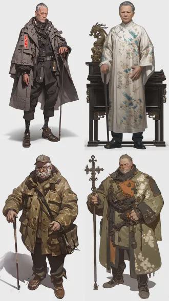 一个中国老年男子，175cm，微驼，体态偏瘦但眼神阴鸷，走路时重心偏向左腿，穿高档的科技感外套，象征其社会地位。始终拄着一根精致的手杖手拿拐杖（嵌创生科技徽章）。面部有皱纹，眼窝凹陷，眼神闪烁不定，鼻梁略塌，嘴唇薄且色偏暗，下巴有稀疏花白胡须，头发半白梳得整齐但略显油腻。正面全身站立，纯白色背景，定妆照，8k高清晰，cg3d动漫风格，虚拟引擎5，细致真人