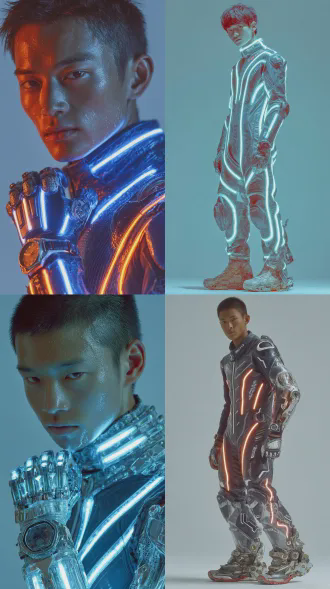 中国年轻男子，183cm，精瘦肌肉线条利落，黑色科技赛车服发光条纹，机械义肢蓝色led光带，老旧电子表，纯白背景，8k超写实，电影级光影，正面全身站立，冷色调，锐利轮廓，坚毅表情，科技感冰冷，细节高清，工作室灯光，无阴影，未来主义，硬朗风格，高对比度