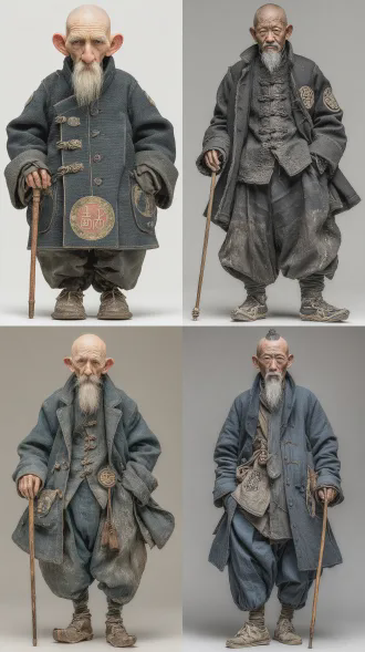 中国老年男子正面全身站立照，175cm，微驼瘦削，高档科技感外套，拄嵌徽章手杖，眼神阴鸷闪烁，皱纹凹陷眼窝，塌鼻梁暗薄唇，花白稀疏胡须，半白油腻整齐头发，重心偏左腿，纯白背景，8k超写实，真人电影风格，定妆照，高清晰细节，冷色调，锐利光影，静态威严，科技感与沧桑感交织