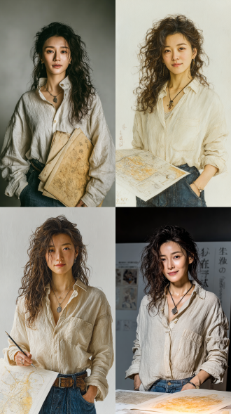 35岁中国女性，纤瘦温婉身材，深棕色长卷发，鹅蛋脸柳叶眉，温柔坚定眼神，眼角细纹，米白棉麻衬衫袖口挽起，深蓝牛仔裤，银色画笔吊坠项链，手捧泛黄设计稿与芯片，暖光聚焦，超写实细节，知性气质，衣物质感清晰，纸张纹理，正面全身站立，纯白背景，定妆照，8k高清，真人电影风格，超写实，35mm镜头，柔光，高分辨率，细腻皮肤，自然光影，优雅姿态，专注表情