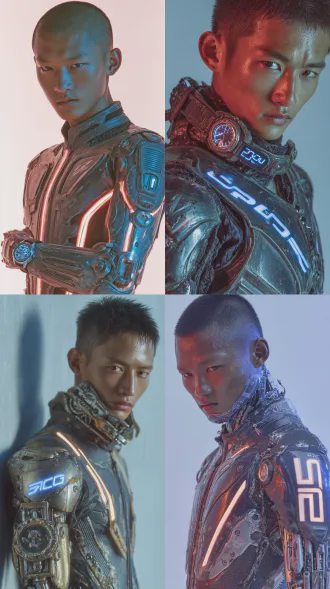 年轻中国男子站立，183cm精瘦肌肉线条利落，黑色科技赛车服发光条纹logo，机械义肢蓝光led，老旧电子表磨损表带干净表盘，棱角分明高鼻梁薄唇坚毅表情，纯白背景定妆照，8k超写实，电影级布光，全身正面肖像，冷色调，科技感与怀旧对比，锐利细节，硬光勾勒轮廓，赛博朋克风格，真人cg质感