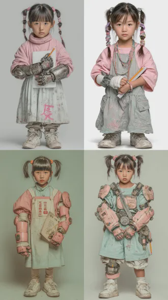 中国10岁小姑娘正面全身站立，圆脸蛋单眼皮明亮眼神，小巧鼻尖粉嫩嘴唇婴儿肥，齐刘海双短马尾彩色皮筋，浅粉色公益机械臂带创可贴磨损，浅蓝连衣裙颜料污渍，白运动鞋轻微磨损，手握画纸铅笔，天真坚定直视镜头，纯白背景定妆照，8k超高清，电影级写实，柔光均匀，细节丰富，色彩柔和，肖像摄影，正面构图，自然神态