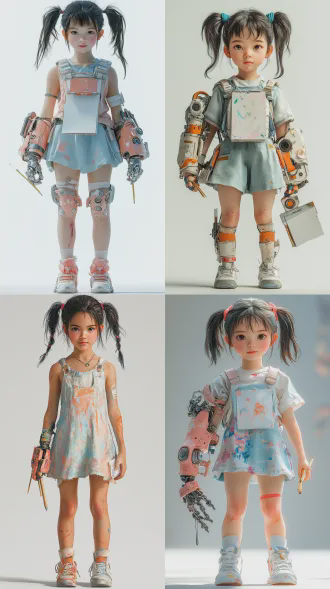 中国10岁小姑娘正面全身站立，圆脸蛋单眼皮明亮眼神，小巧鼻尖粉嫩嘴唇，齐刘海双马尾彩色皮筋，浅粉色机械臂带创可贴磨损痕迹，浅蓝连衣裙裙摆颜料污渍，白色运动鞋鞋尖磨损，手握画纸铅笔，天真坚定直视镜头，纯白背景，8k超写实，电影级光影，柔和顶光，高细节皮肤纹理，自然肤色，柔和粉色调，自信微笑