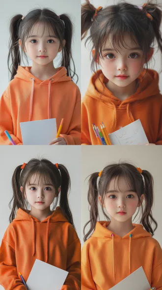 中国10岁小姑娘，圆脸蛋单眼皮明亮眼神，小巧鼻尖粉嫩嘴唇，婴儿肥脸颊齐刘海，彩色皮筋扎双马尾，橘红帽衫握画纸铅笔，天真烂漫却眼神坚定直视镜头，纯白背景正面全身定妆照，8k超高清，电影级写实风格，柔光均匀布光，细腻肤质，温暖色调，自信微笑，简约构图