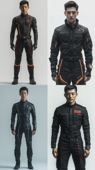 中国年轻男子全身定妆照，183cm精瘦肌肉线条，棱角分明面部，高鼻梁薄唇显坚毅，黑色科技赛车服带发光条纹和创生科技logo，老旧磨损电子表，纯白背景，8k超高清，电影级写实风格，硬光轮廓，科技感怀旧对比，冷色调，锐利细节，正面站立，冷峻表情，无阴影，高锐度，金属质感，极简构图