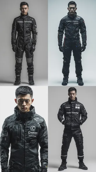 中国年轻男子站立正面全身照，黑色科技赛车服（发光条纹，“创生科技”logo，冰冷质感），183cm精瘦肌肉，棱角分明面部，高鼻梁薄唇坚毅表情，老旧磨损电子表，纯白色背景，8k超高清，真人电影风格，超写实，柔光，细致纹理，冷色调，硬光，静态姿势，权威感