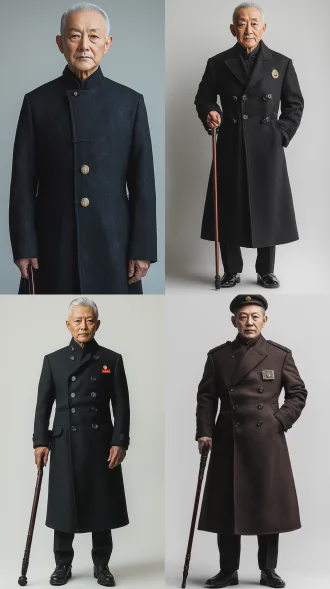中国60岁男子正面全身定妆照，高档科技感外套，精致手杖嵌徽章，微驼瘦削体态，重心偏左，犀利眼神配慈祥笑容，眼窝凹陷，鼻梁略塌，薄暗唇，花白稀疏胡须，半白整齐油腻头发，纯白背景，8k超写实，电影柔光，细致纹理，威严与亲和并存，低调奢华，科技精英气质。
