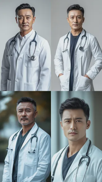 中国40岁医生，中景，8k超高清，超写实真人电影风格，白色背景，定妆照，专业严谨表情，白大褂，听诊器，柔和均匀光线，细致皮肤纹理，沉稳可靠气质，浅色冷调，微侧光，高清特写镜头，无瑕细节，权威感