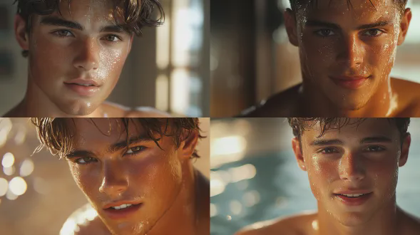 白人男子英俊棕色头发棕色眼睛皮肤黝黑肌肉线条明显额头胸口细密汗珠表情兴奋微笑真人电影注重细节超写实柔光低角度拍摄浅景深暖色调背景虚化动态捕捉强烈情感自然光辅以补光特写镜头皮肤质感突出电影级画质