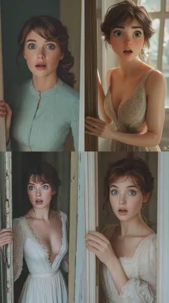 一个棕色头发，蓝眼睛的白人女子，美丽，穿保守的长裙，手扶门框，吃惊地看，真人电影，注重细节，超写实，柔光