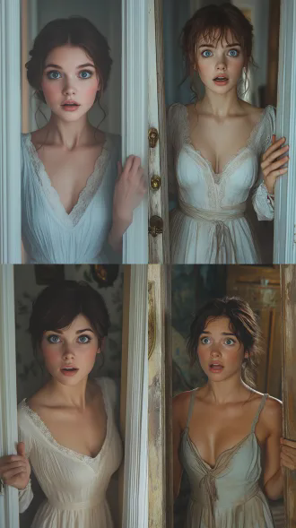 一个棕色头发，蓝眼睛的白人女子，美丽，穿保守的长裙，手扶门框，吃惊地看，真人电影，注重细节，超写实，柔光真人电影，注重细节，超写实，柔光