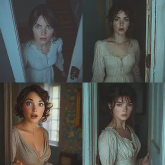 一个棕色头发，蓝眼睛的白人女子，美丽，穿保守的长裙，推开门，吃惊地看，真人电影，注重细节，超写实，柔光真人电影，注重细节，超写实，柔光