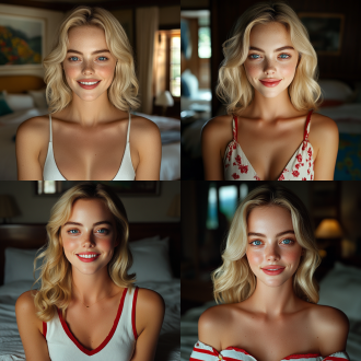 白人女子，金发碧眼，微笑，丝滑肌肤光影层次，胶片质感高饱和低对比，复古色调，柔和阴影，，背景是卧室，真人电影，注重细节，超写实，柔光，特写