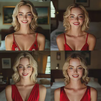 白人女子，金发碧眼，穿红色睡衣，微笑，丝滑肌肤光影层次，胶片质感高饱和低对比，复古色调，柔和阴影，，背景是卧室，真人电影，注重细节，超写实，柔光，特写
