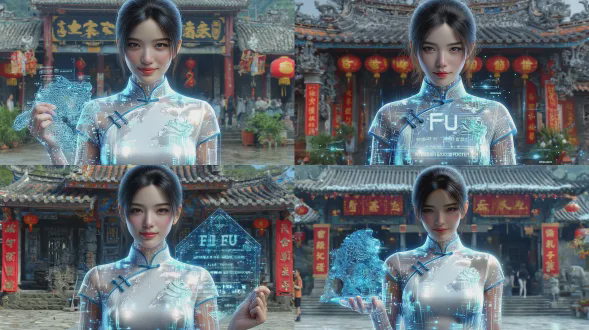 女子手持精致雕花"福"字剪纸微笑，中式大门背景配春联，真人电影风格，8k超高清，自然光影，艺术感，对称构图，浅景深，50mm定焦，柔光，暖色调，传统服饰细节，喜庆氛围，文化传承，细腻质感，侧逆光，古典雅致