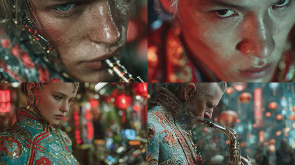 "极具张力的荷兰角极端特写镜头，电影感新黑色电影风格，超写实摄影，专注表情的中国唢呐吹奏者，传统刺绣对襟上衣，太阳穴赛博格植入体，黄铜与老旧木质结合的唢呐，发光的精密霓虹电路纹路，密集赛博朋克都市背景，全息广告与霓虹招牌交织传统红灯笼，体积雾霾与蒸汽弥漫，明暗对比法布光，冷青色霓虹与温暖深红色双色调照明，戏剧性高对比度，电子青色与霓虹粉红互补色，arri alexa mini lf相机，35mm变形宽银幕镜头，柯达vision3 500t胶片，变形镜头光晕，极致细节，错综复杂，8k，最高质量"