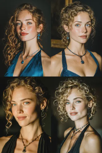 26岁白人女子，金色卷发，蓝色眼睛，高贵疏离，丰满挺拔身姿，从容步伐，高级礼服，科技感项链耳环，正面近景，8k高清晰，最高质量，真人电影风格，柔和侧光，冷色调，浅景深，电影镜头，优雅自信，身体控制力，掌控全局，微妙表情，珠宝细节，丝滑面料，光影对比，高级感