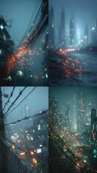 一个赛博朋克城市的电线冒出火花，大特写，背景是夜晚的城市上空，背景虚化，暗黑赛博朋克风格，真人电影感，疏离感，科技感，9:16，最高质量，8k高清晰