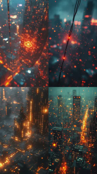 一个赛博朋克城市的电线冒出火花，大特写，背景是夜晚的城市上空，背景虚化，暗黑赛博朋克风格，真人电影感，疏离感，科技感，9:16，最高质量，8k高清晰