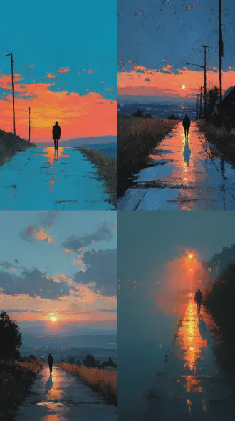 逆光背影行走在延伸道路上，温柔治愈光线，简约大气油画风格，丰富细节，对角线构图，黄昏天空，柔和侧光，长焦镜头，高动态范围，暖色调，安静情感，细腻笔触。