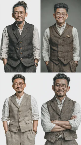 30岁成熟中国男子戴眼镜穿白衬衫马甲西裤，善良忠厚表情，正面中景人物定妆照，纯白背景，柔和均匀布光，商业肖像，清晰细节，50mm定焦镜头，f/2.8光圈，自然神态，温和微笑，暖色调，专业优雅，真诚可靠。