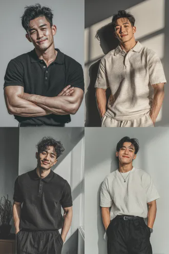 20岁亚洲男子，精致黑色短发，健美身材，英俊面孔，穿舒适polo衫，正面站立自信微笑，纯白背景，科技艺术感，清晰细节，柔和均匀布光，未来感，肖像构图，环形布光，高分辨率，商业摄影，极简主义，柔和阴影，自信从容情绪。