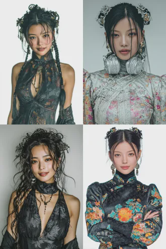 精致的黑色长发配精美发夹，白皮肤大眼睛的20岁亚洲女子，穿碎花长裙正面站立自信微笑，纯白色背景，科技艺术感，清晰细节，柔和均匀布光，未来感，人像摄影，正面光，高分辨率，柔和色彩，自信表情，苗条身材，数字艺术风格，简洁构图，细腻质感，干净背景，时尚摄影，高级感。