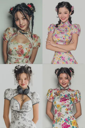 一个20岁的亚洲女子，精致的黑色披肩长发戴精美发夹，大眼睛白皮肤，苗条身材穿碎花短袖长裙，正面站立自信微笑，纯白色背景，科技感艺术感，清晰细节，柔和均匀布光，未来感，肖像摄影，浅景深，工作室灯光，高分辨率，柔和色调，优雅自信。