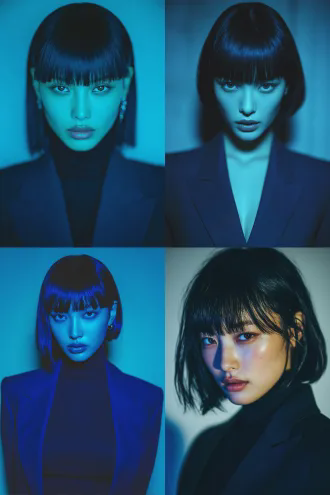 25岁亚洲女子精致黑色齐耳短发大眼睛白皮肤苗条身材表情严肃发光深蓝色西装正面站立纯白色背景科技感艺术感清晰细节柔和均匀布光未来感，正面肖像，高细节，柔和灯光，纯色背景，时尚摄影，未来主义，发光服装，严肃表情，冷色调，对称构图，电影质感