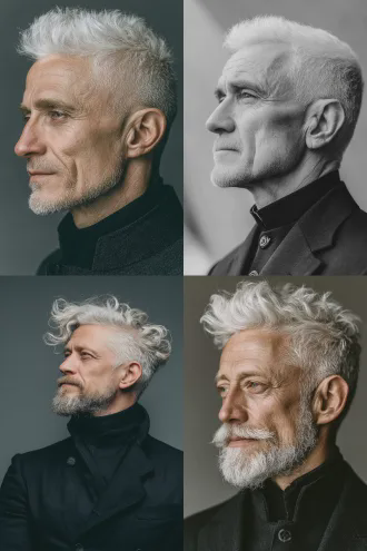 五十岁白人男子，面目和善微笑，白发，深色中山装，正面站立，纯白色背景，科技感艺术感，清晰细节，柔和均匀布光，未来感，肖像摄影，工作室灯光，高分辨率，锐利焦点，简约构图，中性色点缀，宁静自信，赛博朋克元素微光。