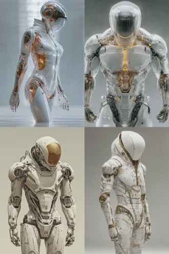 未来机器人正面站立，纯白背景，高科技艺术感，精细机械结构，柔和均匀布光，清晰细节，极简构图，金属光泽，冷色调，未来感，正面光，全身肖像，科技美学，静态姿势，高级质感。