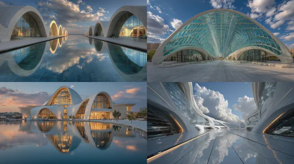 未来科技世界梦幻蓝天白云流线型建筑温暖舒适科技感艺术感，清晰细节柔和均匀布光未来感，对称构图广角镜头高动态范围hdr暖色调柔和阴影，建筑表面反光人物微笑简约服装宁静情感。