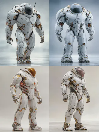 未来机器人正面站立，纯白背景，精细机械结构，全身肖像，柔和均匀布光，正面光，金属光泽，冷色调，高科技艺术感，科技美学，极简构图，清晰细节，静态姿势，高级质感，未来感，3d渲染，电影感，工作室摄影，精密工程，光滑表面。